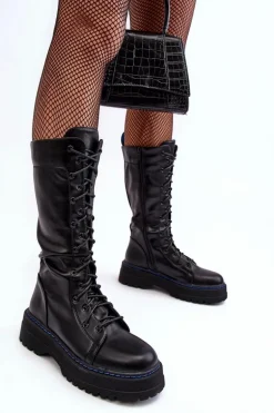 Skórzane Kozaki Glany Sznurowane Z Suwakiem Czarne Zoraida