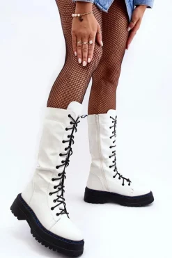 Skórzane Kozaki Glany Sznurowane Z Suwakiem Białe Zoraida
