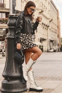 Skórzane Kozaki Glany Sznurowane Z Suwakiem Białe Zoraida