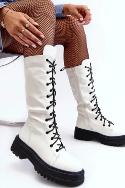 Skórzane Kozaki Glany Sznurowane Z Suwakiem Białe Zoraida