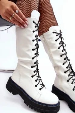 Skórzane Kozaki Glany Sznurowane Z Suwakiem Białe Zoraida