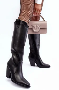 Skórzane Kozaki Kowbojki Na Słupku Czarne Solera