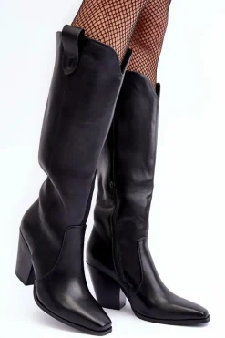 Skórzane Kozaki Kowbojki Na Słupku Czarne Solera