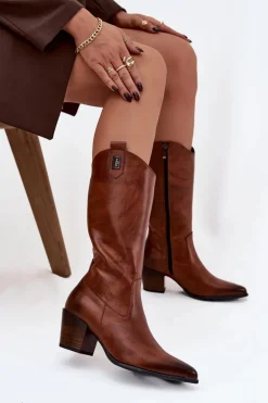 Skórzane Kozaki Kowbojki Na Obcasie Ocieplane Zazoo 70155 Brązowe