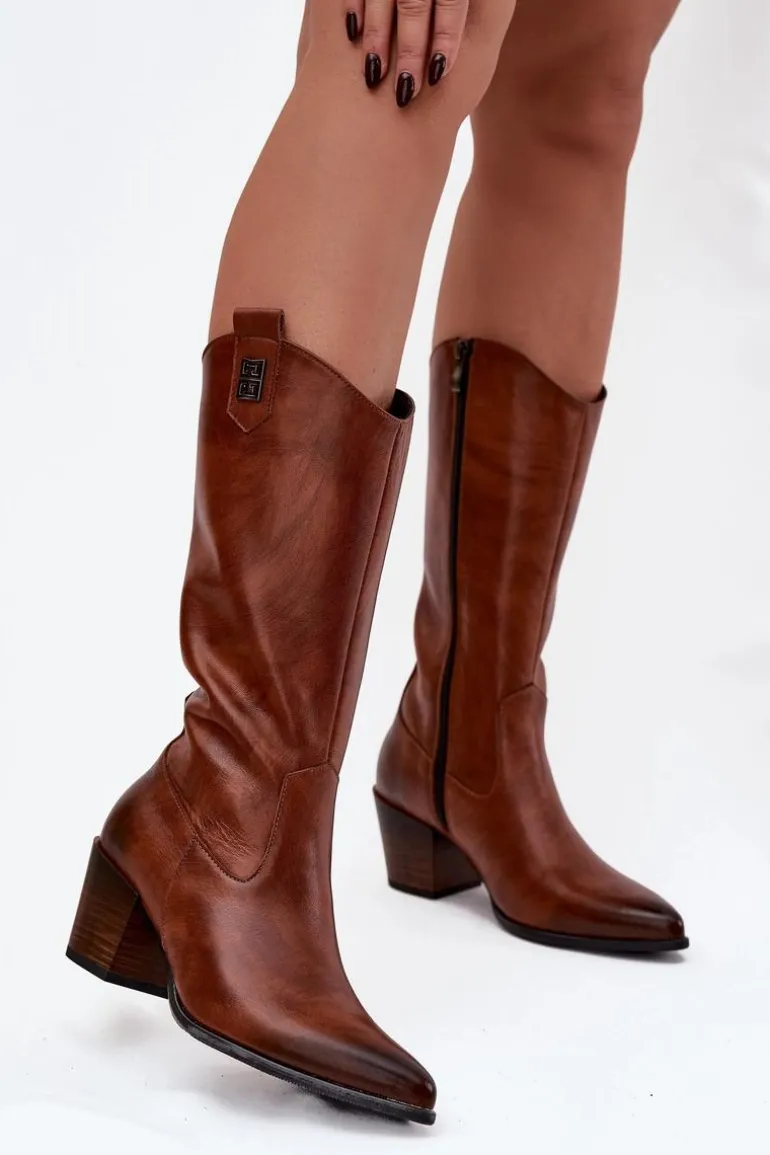 Skórzane Kozaki Kowbojki Na Obcasie Ocieplane Zazoo 70155 Brązowe