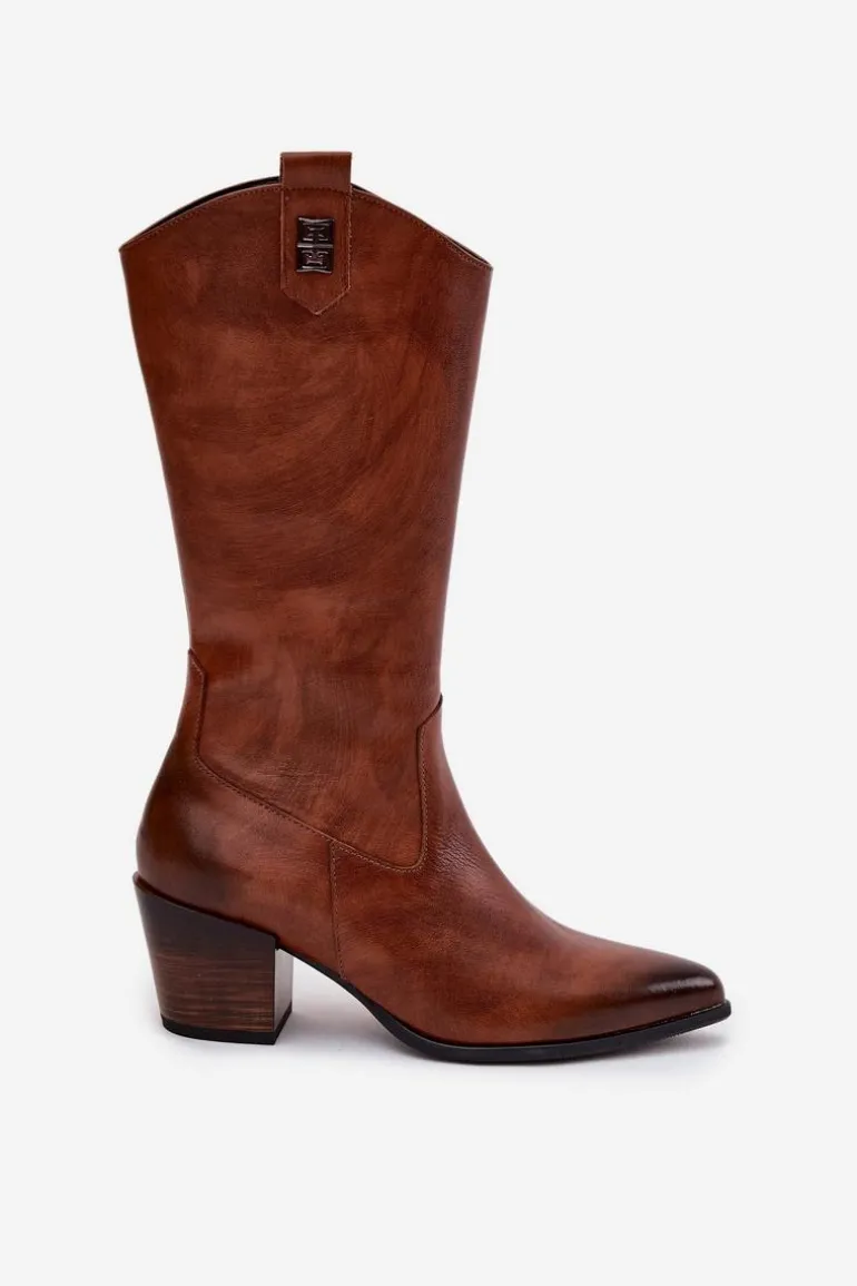 Skórzane Kozaki Kowbojki Na Obcasie Ocieplane Zazoo 70155 Brązowe
