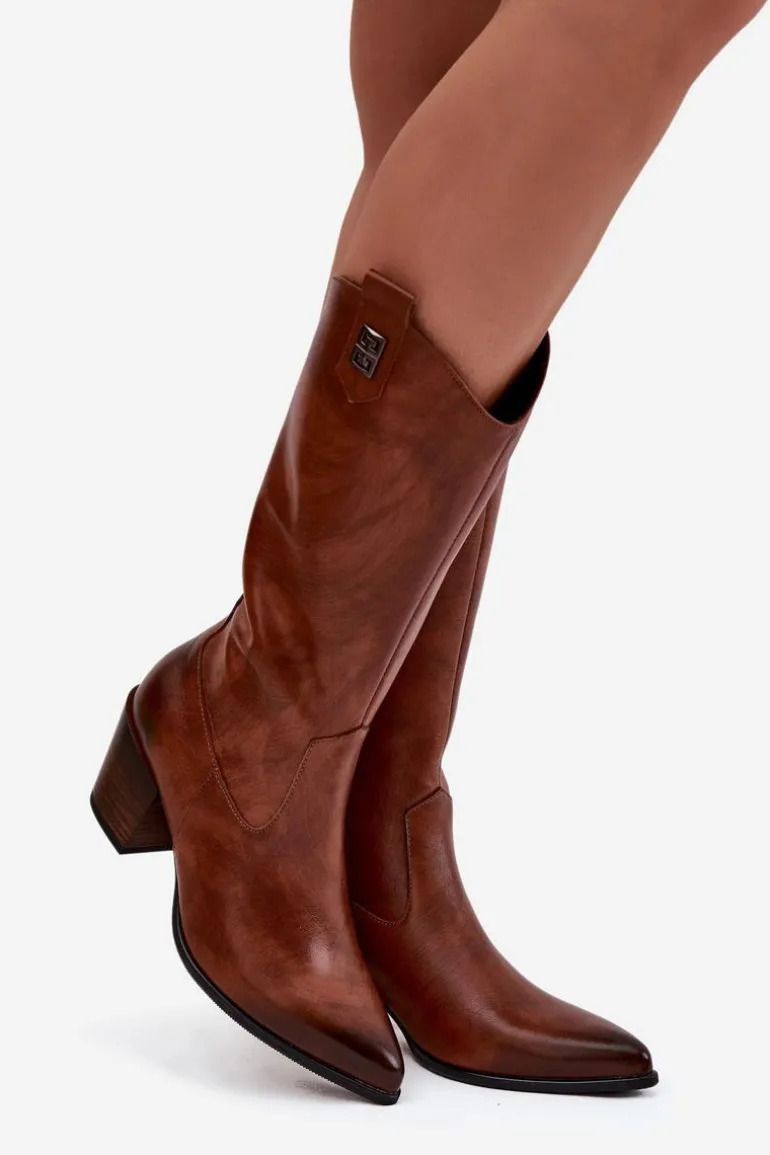 Skórzane Kozaki Kowbojki Na Obcasie Ocieplane Zazoo 70155 Brązowe