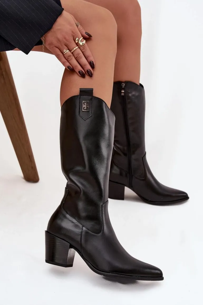 Skórzane Kozaki Kowbojki Na Obcasie Ocieplane Zazoo 70155 Czarne