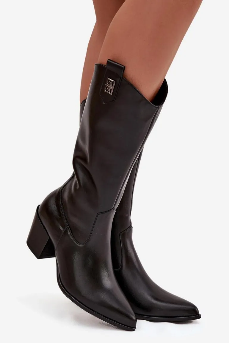 Skórzane Kozaki Kowbojki Na Obcasie Ocieplane Zazoo 70155 Czarne