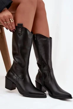 Skórzane Kozaki Kowbojki Na Obcasie Ocieplane Zazoo 70155 Czarne