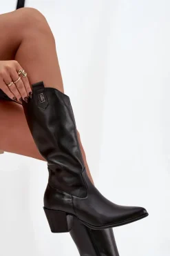 Skórzane Kozaki Kowbojki Na Obcasie Ocieplane Zazoo 70155 Czarne