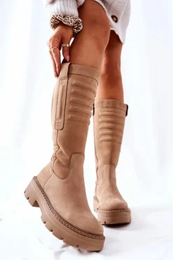 Skórzane Kozaki Maciejka Beżowe 05277-04