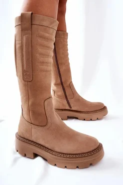 Skórzane Kozaki Maciejka Beżowe 05277-04