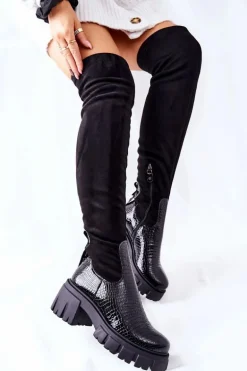 Skórzane Kozaki Maciejka Krokodyl Czarne 05260-01