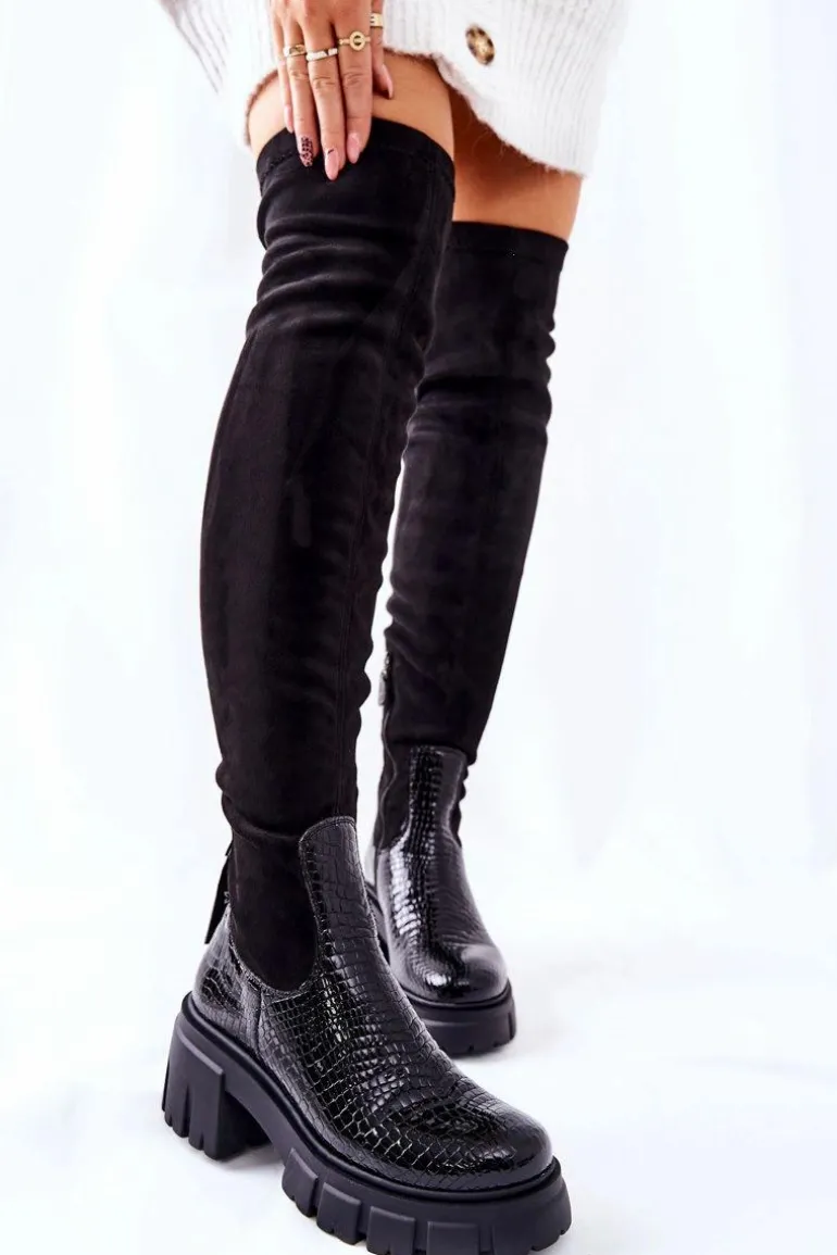 Skórzane Kozaki Maciejka Krokodyl Czarne 05260-01