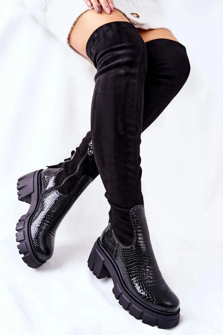 Skórzane Kozaki Maciejka Krokodyl Czarne 05260-01