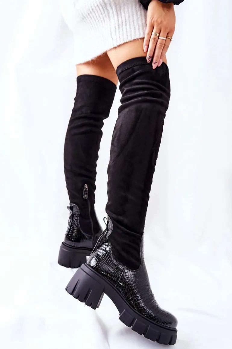 Skórzane Kozaki Maciejka Krokodyl Czarne 05260-01