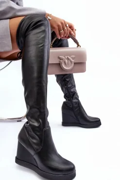 Skórzane Kozaki Muszkieterki Na Koturnie Czarne Ambre