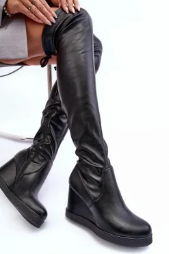 Skórzane Kozaki Muszkieterki Na Koturnie Czarne Ambre