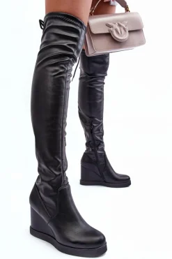 Skórzane Kozaki Muszkieterki Na Koturnie Czarne Ambre