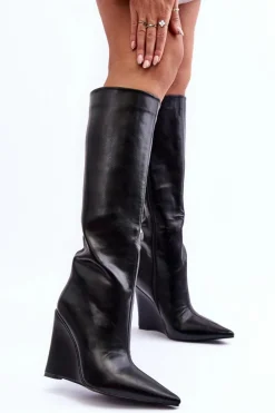 Skórzane Kozaki Na Koturnie Czarne Delinn