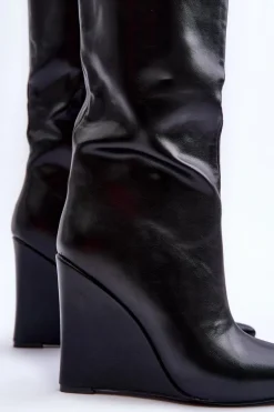 Skórzane Kozaki Na Koturnie Czarne Delinn