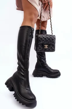 Skórzane Kozaki Na Masywnej Platformie Z Suwakiem Czarne Ringo