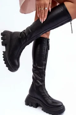 Skórzane Kozaki Na Masywnej Platformie Z Suwakiem Czarne Ringo