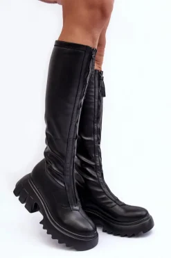 Skórzane Kozaki Na Masywnej Platformie Z Suwakiem Czarne Ringo