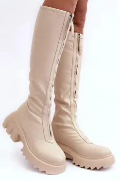 Skórzane Kozaki Na Masywnej Platformie Z Suwakiem Beżowe Ringo