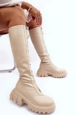 Skórzane Kozaki Na Masywnej Platformie Z Suwakiem Beżowe Ringo