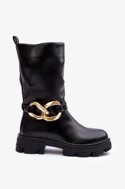 Skórzane Kozaki Na Płaskim Obcasie Czarne Diominna