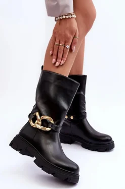 Skórzane Kozaki Na Płaskim Obcasie Czarne Diominna