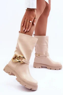 Skórzane Kozaki Na Płaskim Obcasie Beżowe Diominna