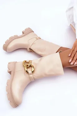 Skórzane Kozaki Na Płaskim Obcasie Beżowe Diominna