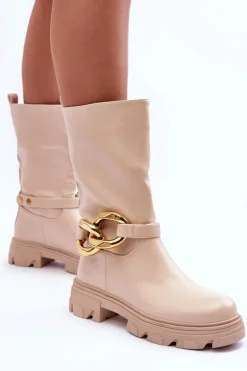 Skórzane Kozaki Na Płaskim Obcasie Beżowe Diominna