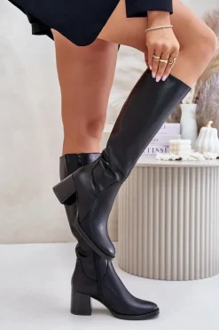 Skórzane Kozaki Na Słupku Przed Kolano Ocieplane Sergio Leone KZ231-S Czarne