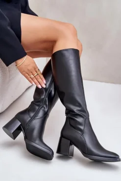 Skórzane Kozaki Na Słupku Przed Kolano Ocieplane Sergio Leone KZ231-S Czarne