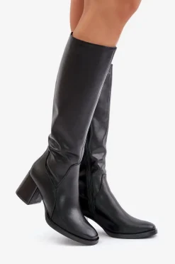 Skórzane Kozaki Na Słupku Przed Kolano Ocieplane Sergio Leone KZ231-S Czarne