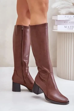 Skórzane Kozaki Na Słupku Przed Kolano Ocieplane Sergio Leone KZ231-S Brązowe