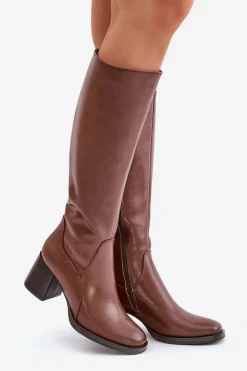 Skórzane Kozaki Na Słupku Przed Kolano Ocieplane Sergio Leone KZ231-S Brązowe
