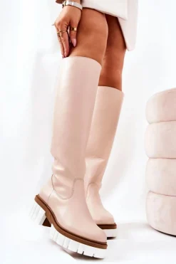 Skórzane Kozaki Na Suwak Beżowe Nellis