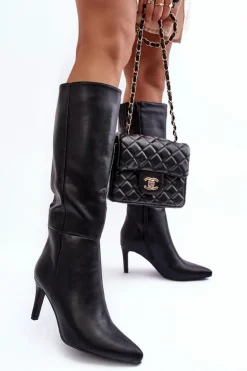 Skórzane Kozaki Na Szpilce Przed Kolano Czarne Serpens
