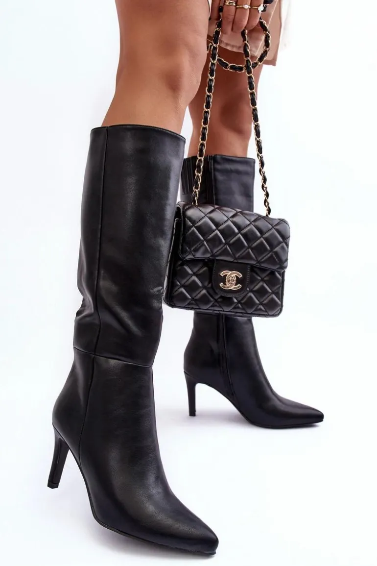 Skórzane Kozaki Na Szpilce Przed Kolano Czarne Serpens