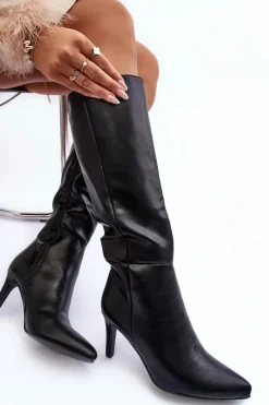 Skórzane Kozaki Na Szpilce Przed Kolano Czarne Serpens