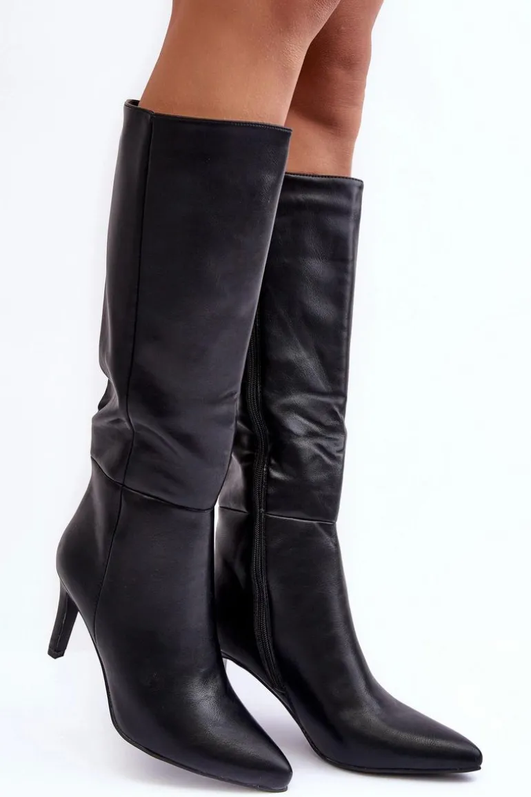 Skórzane Kozaki Na Szpilce Przed Kolano Czarne Serpens