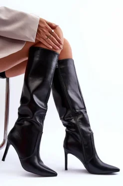 Skórzane Kozaki Na Szpilce Czarne Melisandra