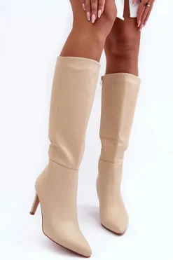 Skórzane Kozaki Na Szpilce Przed Kolano Beżowe Serpens