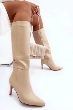 Skórzane Kozaki Na Szpilce Przed Kolano Beżowe Serpens