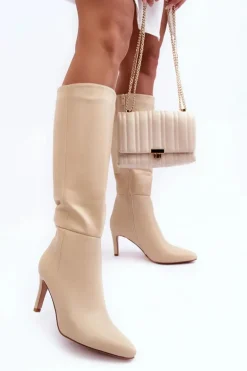 Skórzane Kozaki Na Szpilce Przed Kolano Beżowe Serpens